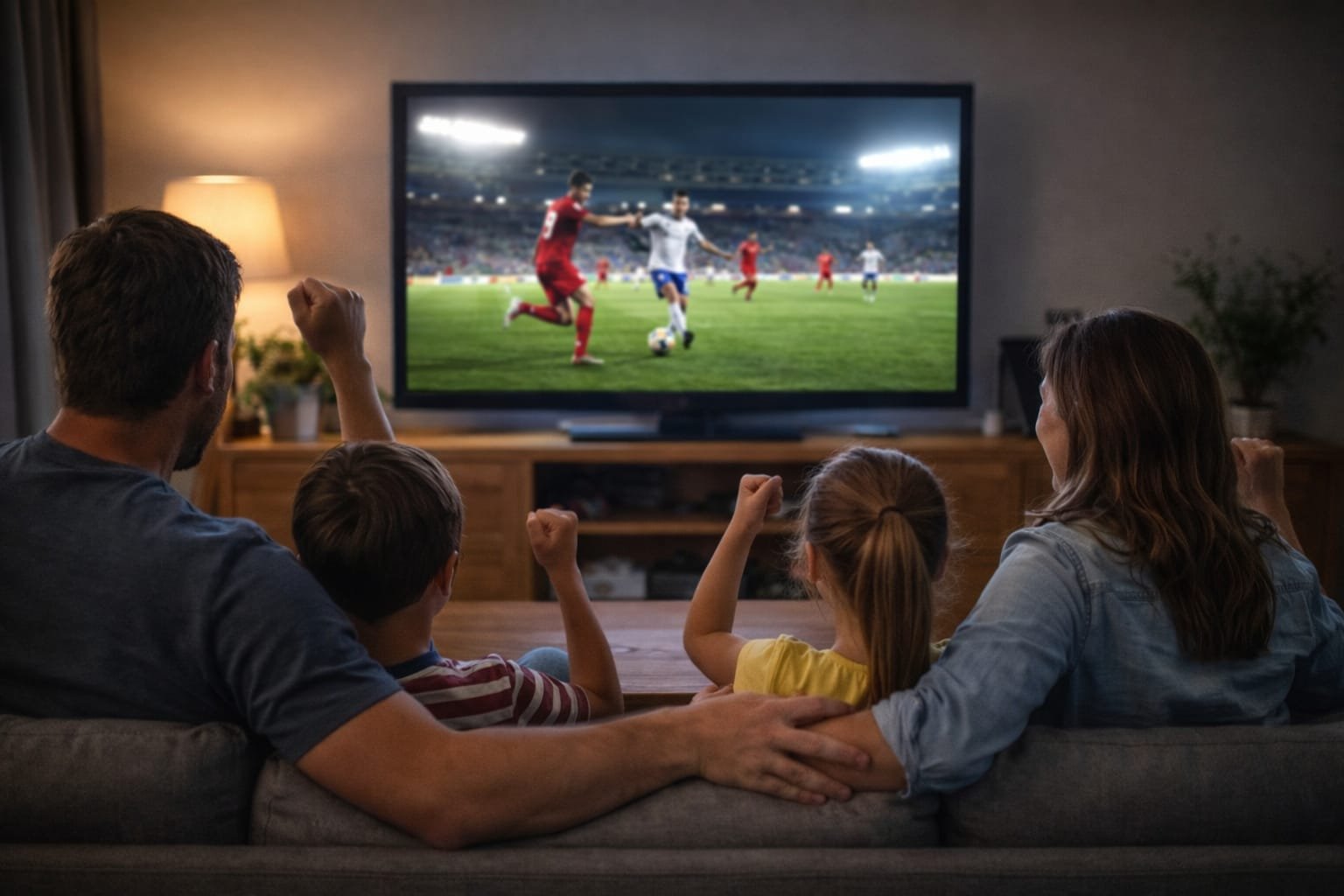 Family watching live football through IPTV service provided by reseller panel